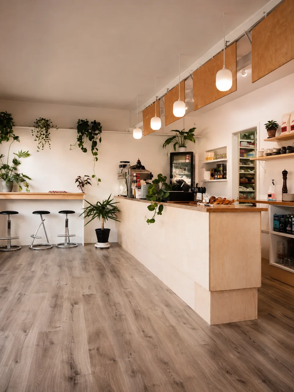 PocaPoca café counter, bar stools and plants