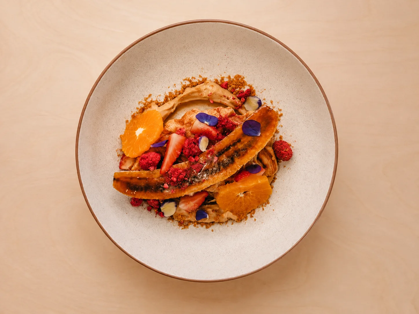 PocaPoca croffle topped with banana, seasonal fruit and espresso mascarpone